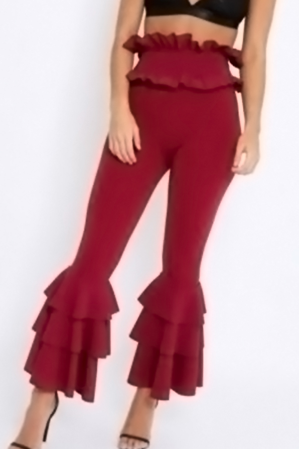 Trendy High Waist Falbala Design Wine Red Polyester Pants
