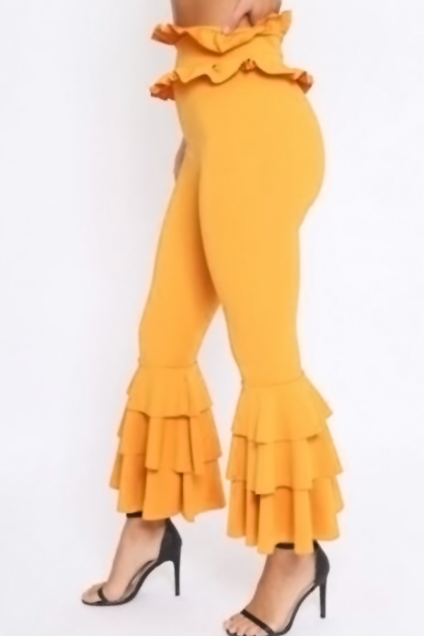  Trendy High Waist Falbala Design Yellow Polyester Pants 