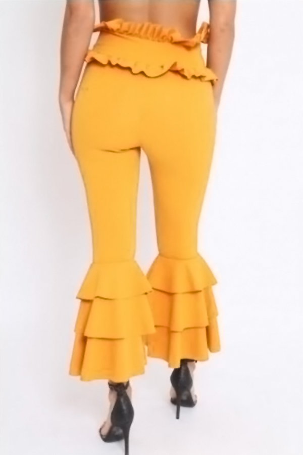  Trendy High Waist Falbala Design Yellow Polyester Pants 
