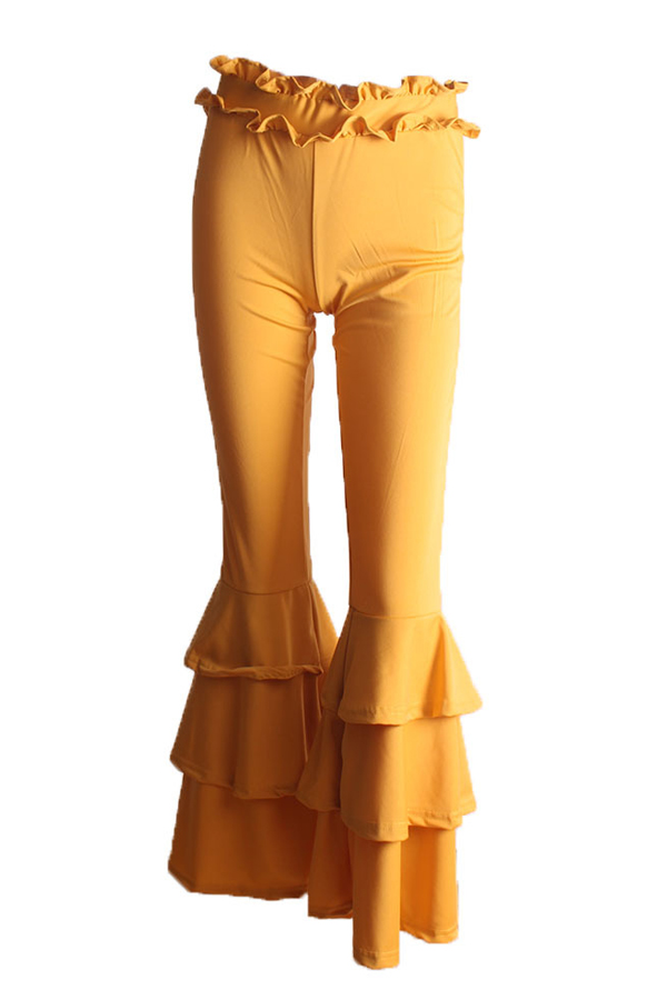  Trendy High Waist Falbala Design Yellow Polyester Pants 