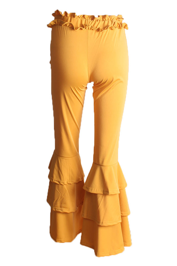  Trendy High Waist Falbala Design Yellow Polyester Pants 