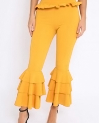  Trendy High Waist Falbala Design Yellow Polyester Pants 