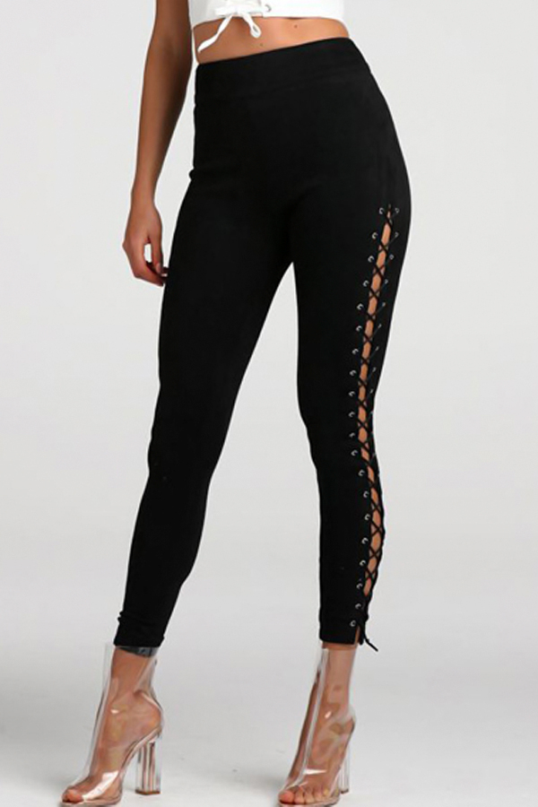  Trendy High Waist Lace-up Hollow-out Black Velvet Pants