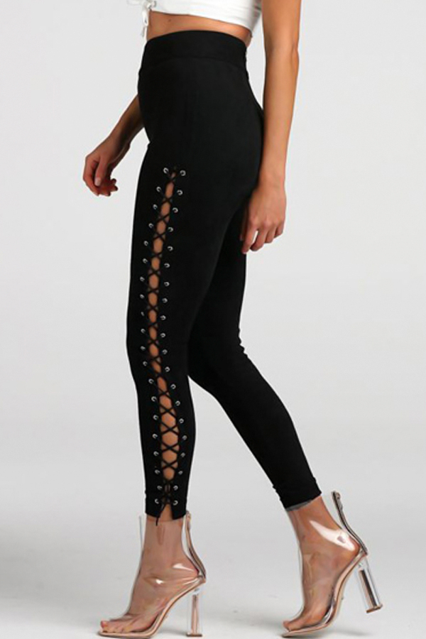  Trendy High Waist Lace-up Hollow-out Black Velvet Pants