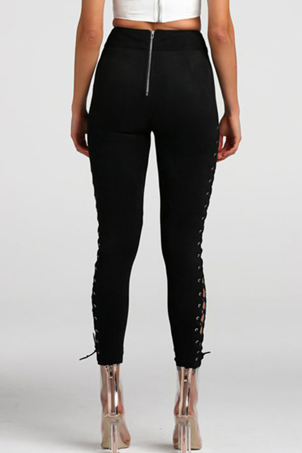 Trendy High Waist Lace-up Hollow-out Black Velvet Pants