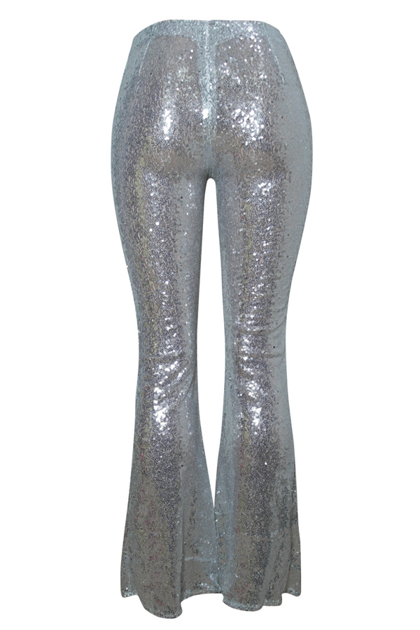  Trendy Low Elastic Waist Sequins Decoration Silver Polyester Flared Trousers