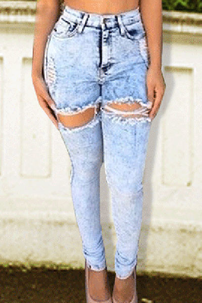 Casual Broken Holes Button Fly Design Blue Cotton Blend Skinny Pants