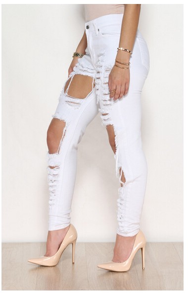 Casual Broken Holes Design Button Fly Design Solid White Blending Mid Regular Pants