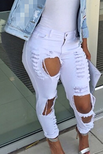 Casual Broken Holes Design Button Fly Design Solid White Blending Mid Regular Pants