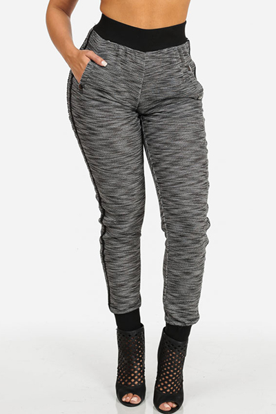 Casual Elastic Waist Patchwork Grey Knitting Skinny Pants
