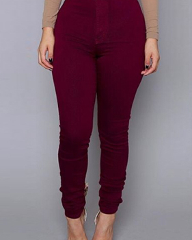 Casual Mid Waist Zipper Design Wine Red Cotton Blend Skinny Pants