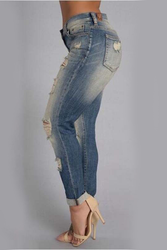 Euramerican High Waist Broken Holes Blue Polyester Pants