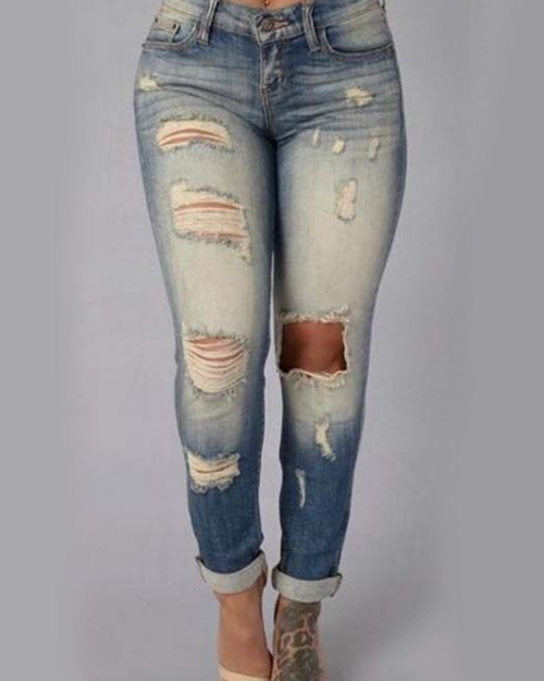 Euramerican High Waist Broken Holes Blue Polyester Pants Euramerican High Waist Broken Holes Blue Polyester Pants