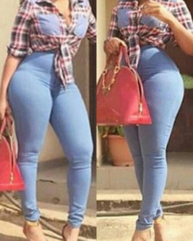 Fashion Button Fly Design Solid Blue Elastic Denim Skinny Pants