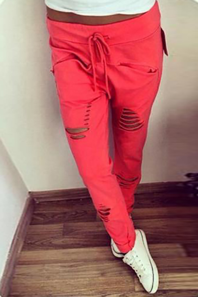 Fashion Hollow-desgin Solid Red Polyester Drawstring Mid Pants
