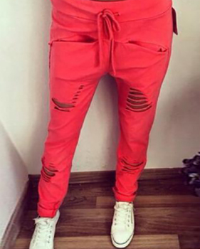 Fashion Hollow-desgin Solid Red Polyester Drawstring Mid Pants