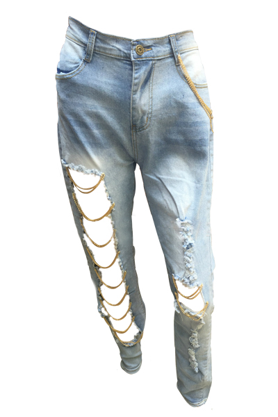 Fashion Mid Waist Broken Holes Light Blue Denim Pants