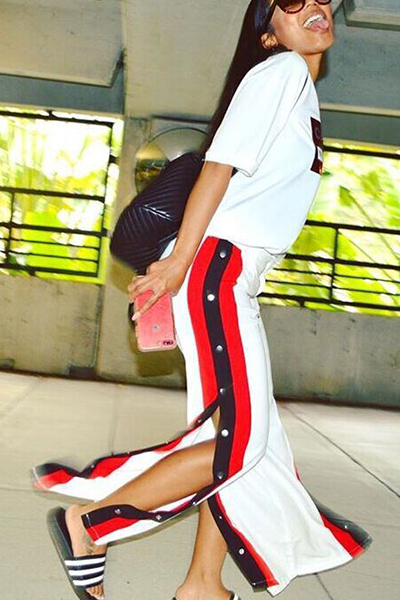 Leisure Elastic Waist High Split White Milk Fiber Pants