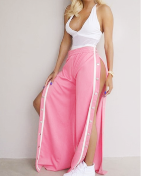 Sexy Elastic Waist High Split Pink Polyester Pants