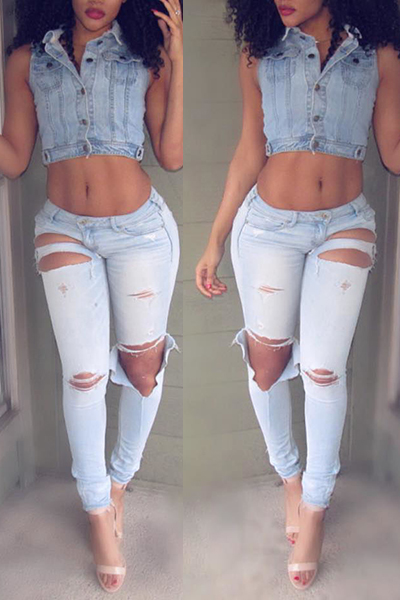 Sexy Mid Waist Broken Holes Blue Denim Pants