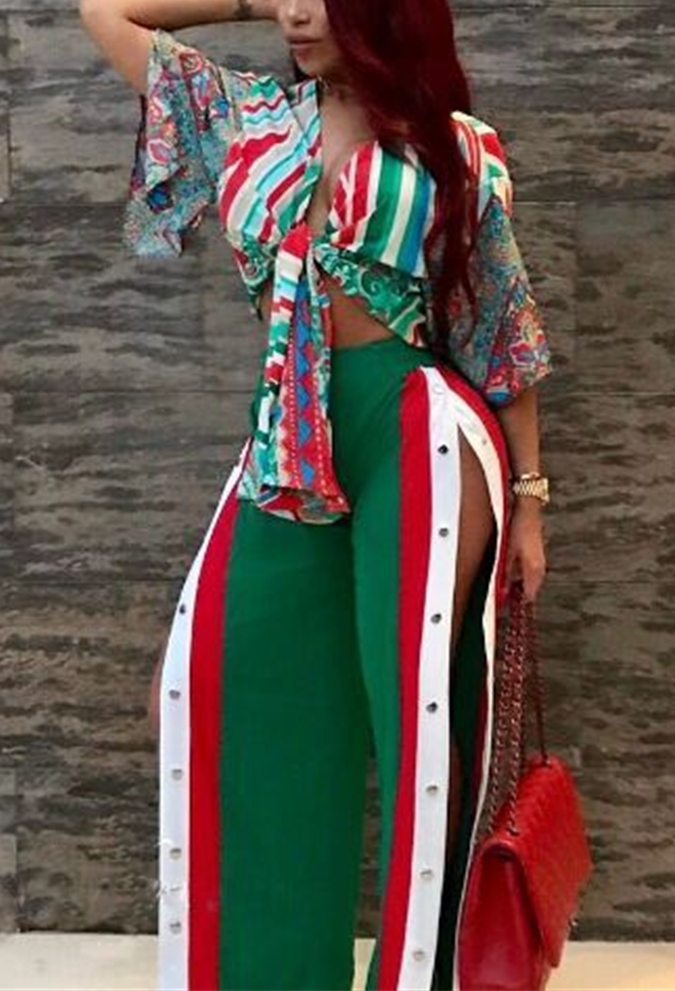 Stylish Elastic Waist Patchwork Green Polyester Pants