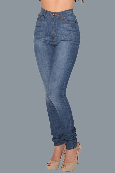 Stylish High Waist Blue Cotton Skinny Pants
