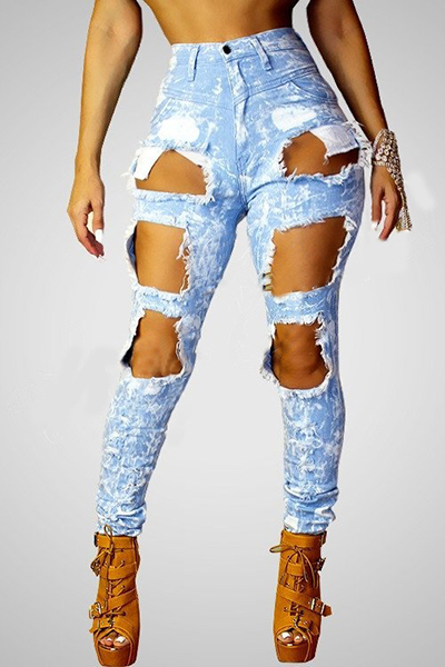 Stylish High Waist Broken Holes Blue Denim Pants