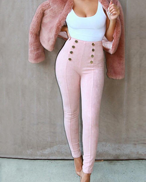 Stylish High Waist Double-breasted Decorative Pink Cotton Skinny Pants Stylish High Waist Double-breasted Decorative Pink Cotton Skinny Pants