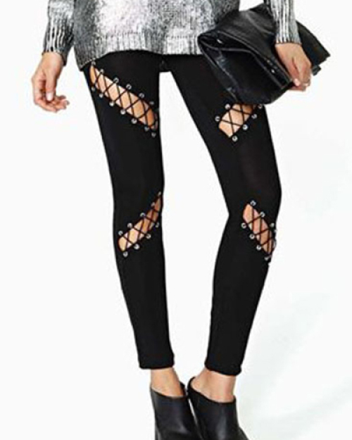 Stylish Mid Waist Hollow-out Black Milk Fiber Pants Stylish Mid Waist Hollow-out Black Milk Fiber Pants