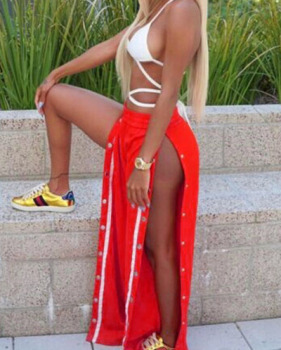 Trendy Elastic Waist High Split Red Qmilch Pants