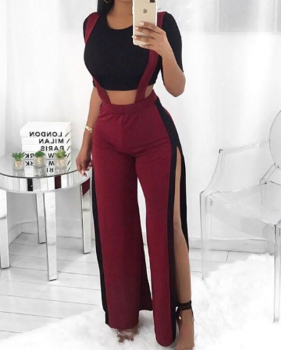Trendy High Waist Patchwork Hollow-out Wine Red Polyester Pants