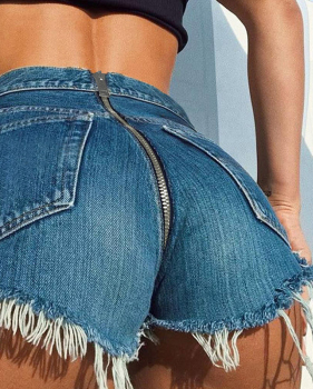  Trendy Mid Waist Worn Out Design Dark Blue Denim Zipped Shorts