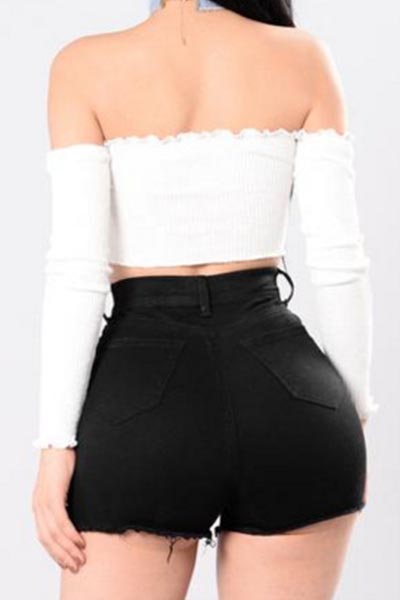 Denim Solid Zipper Fly High Regular Shorts