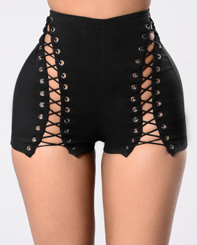 Sexy High Waist Hollow-out Black Polyester Skinny Shorts