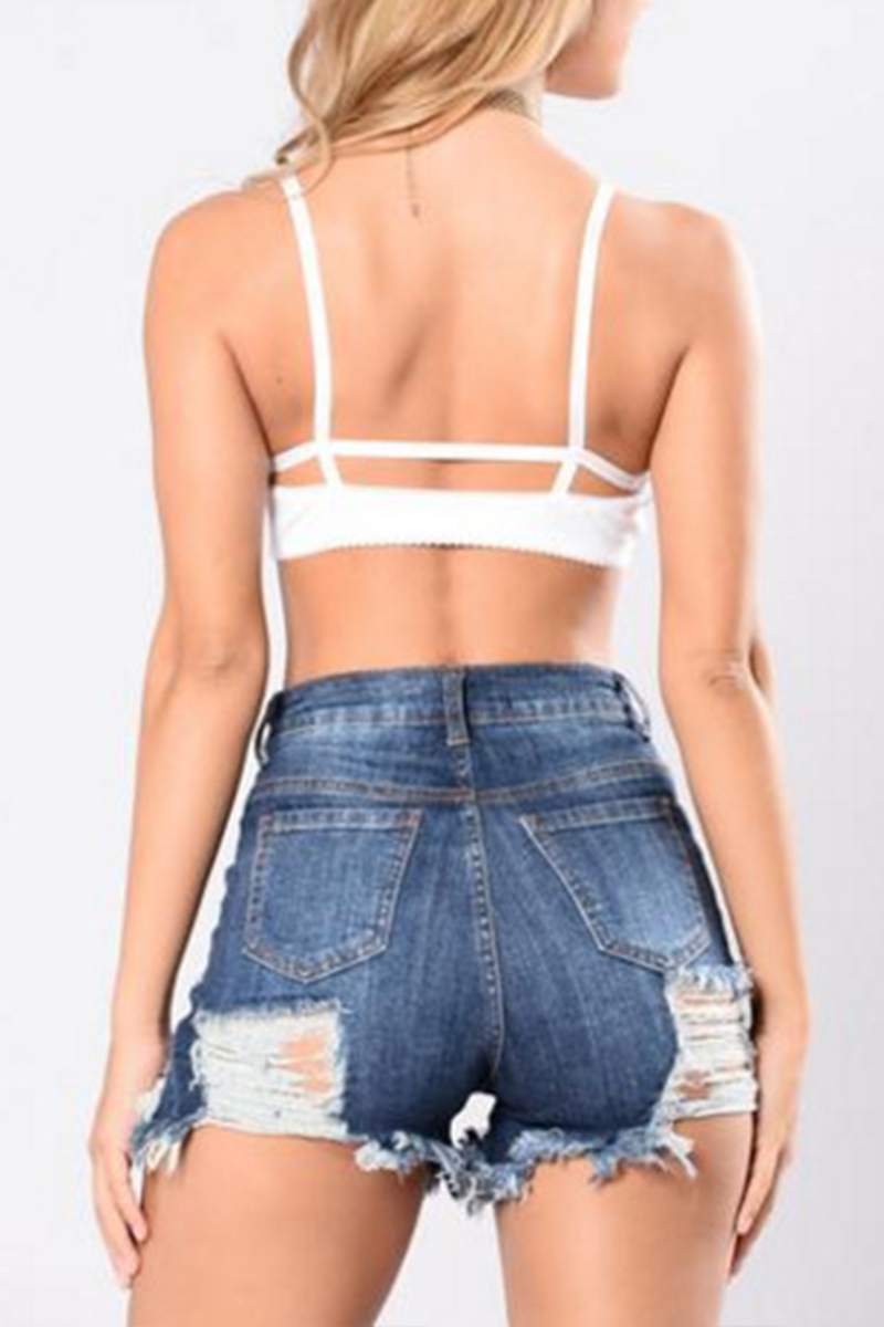 Sexy High Waist Hollow-out Dark Blue Denim Skinny Shorts