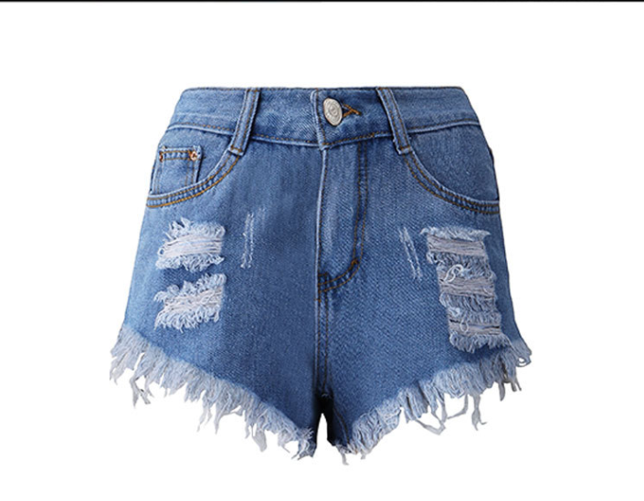 Tassel Euramerican High Waist Broken Holes Asymmetrical Blue Cotton Blends Shorts