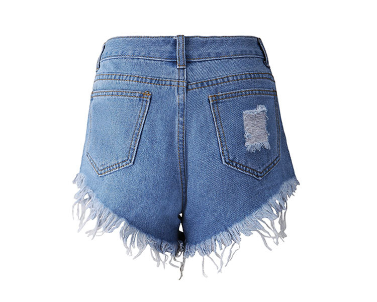 Tassel Euramerican High Waist Broken Holes Asymmetrical Blue Cotton Blends Shorts