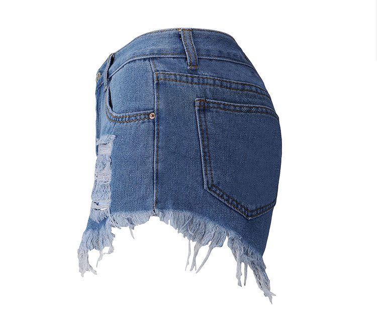 Tassel Euramerican High Waist Broken Holes Asymmetrical Blue Cotton Blends Shorts