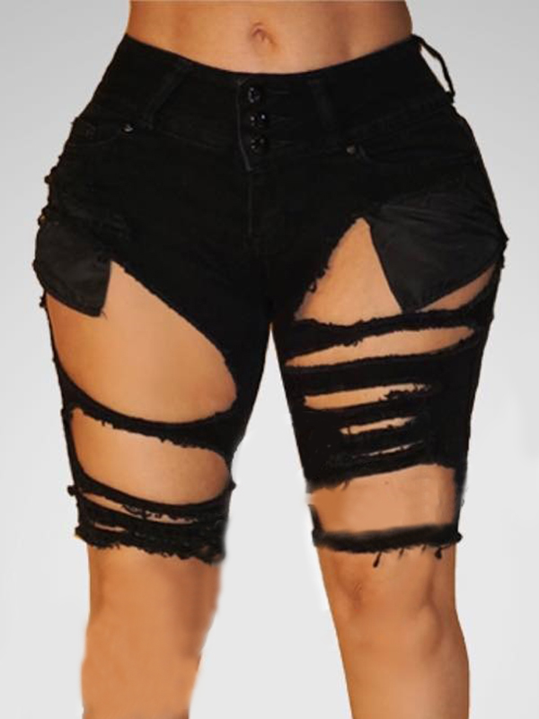 Trendy High Waist Broken Holes Black Cotton Blends Shorts