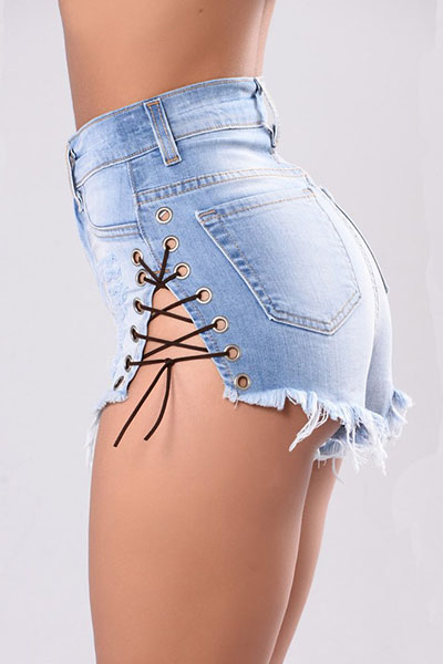 Trendy High Waist Lace-up Hollow-out Light Blue Denim Shorts