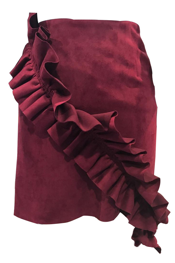  Euramerican Flounce Design Jujube-red Polyester Sheath Mini Skirts