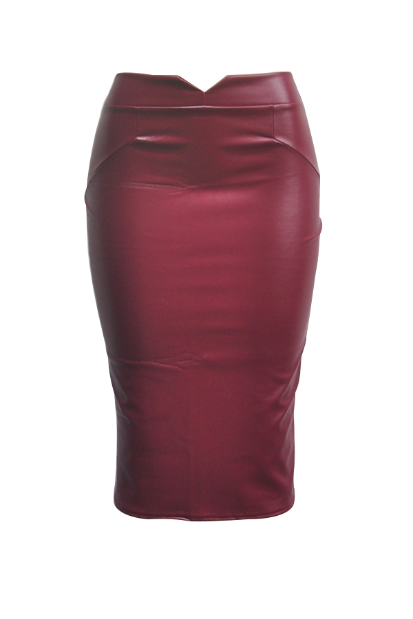  Trendy High Waist Purplish Red Leather Sheath Knee Length Skirts