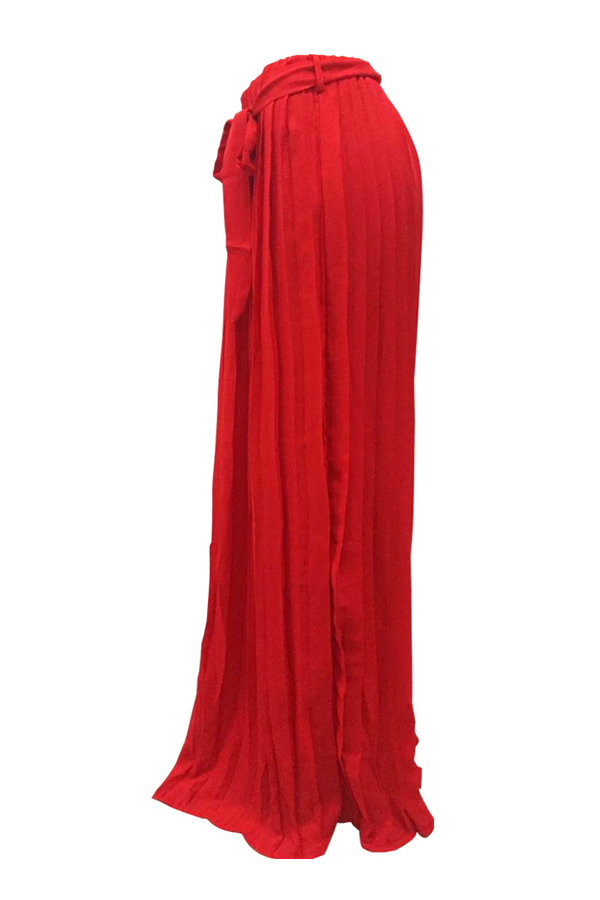  Trendy High Waist Red Polyester Pleated Skirts