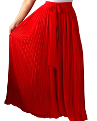  Trendy High Waist Red Polyester Pleated Skirts