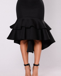 Stylish High Waist Falbala Design Black Cotton Mermaid Knee Length Skirts