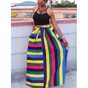 Stylish High Waist Striped Polyester Ankle Length Skirts