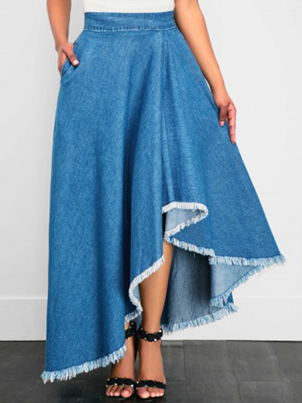 Trendy Asymmetrical Blue Denim Ankle Length Skirts