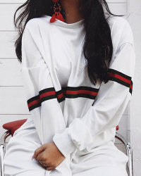  Casual Round Neck Striped Patchwork White Milk Fiber Cotton Blend Mini Dress