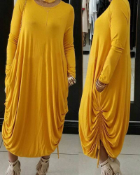 Casual Round Neck Yellow Polyester Mid Calf Dress Casual Round Neck Yellow Polyester Mid Calf Dress