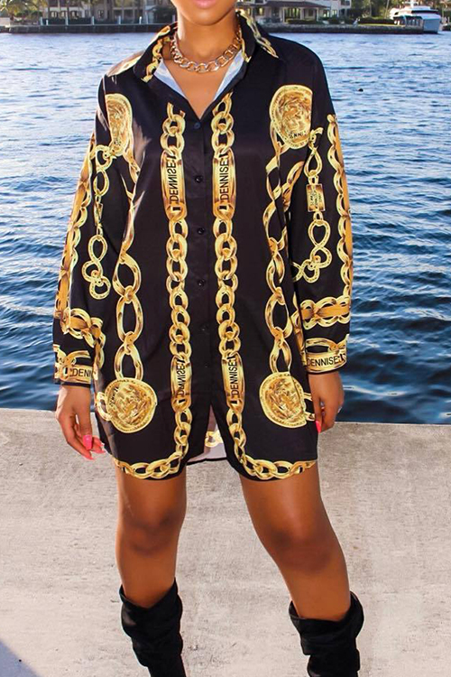  Casual Turndown Collar Printed Black Cotton Blend Mini Shirt Dress(With Belt)
